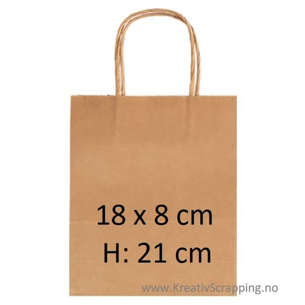Papirpose med hank - 18 x 8 cm - H: 21 cm - Kraft / Naturfarget - 1 stk